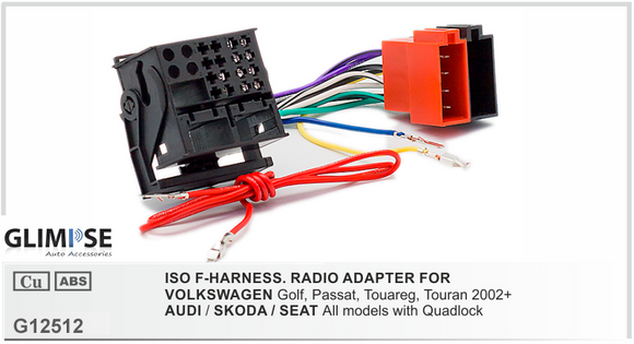ISO F-HARNESS. RADIO ADAPTER FOR VOLKSWAGEN Golf Passat Touareg Touran 2002 on / AUDI All models with Quadlock / SKODA All models with Quadlock / SEA